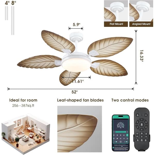 52" Waterproof Indoor and Outdoor Ceiling Fans with Lights, APP and Remote Control, Dimmable Farmhouse Ceiling Fan - 52 Inches