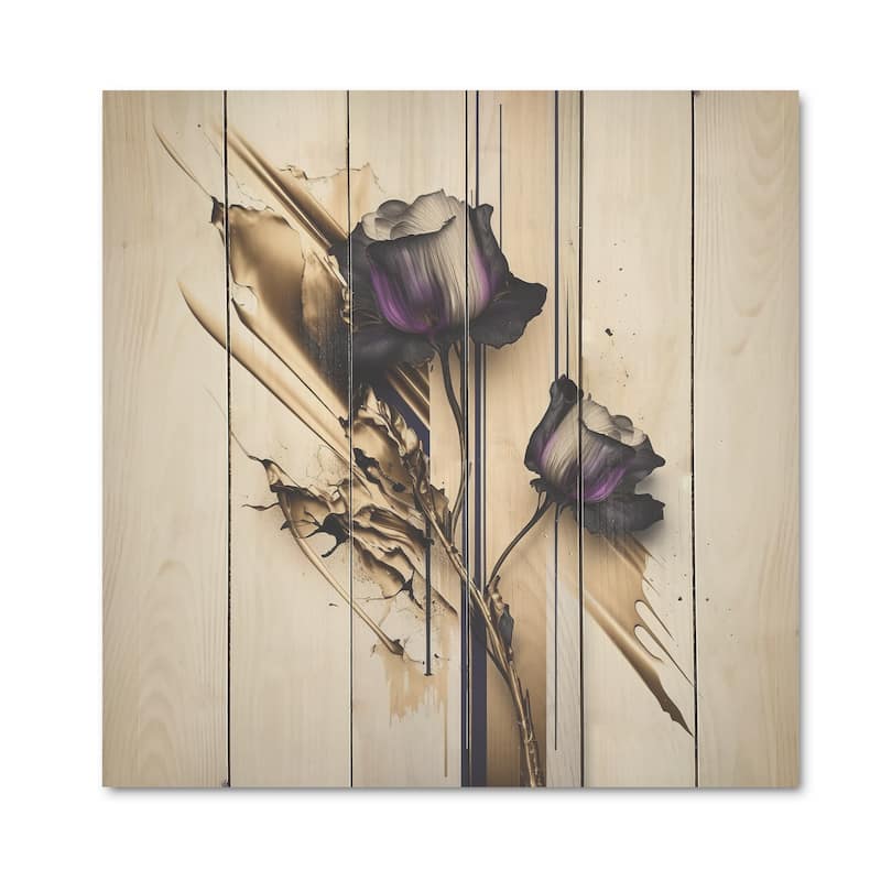 Designart 'Purple Flower Flower On Abstract Paint II' Floral Wood Wall Art - Natural Pine Wood