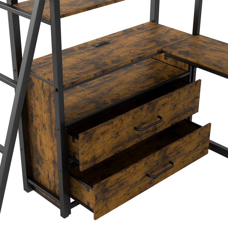 Twin Metal Wood Loft Bed with Desk & LED Light