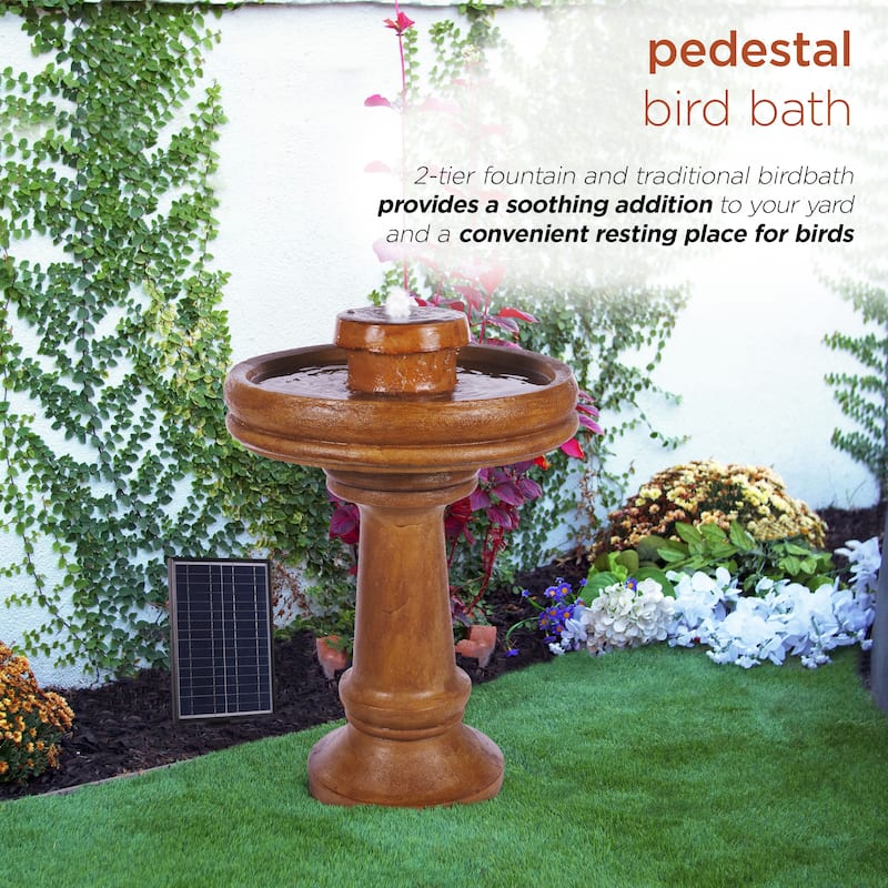 Alpine Corporation TZL202SLR 29" Brown Outdoor Solar Powered Pedestal Birdbath Fountain with LED Lights