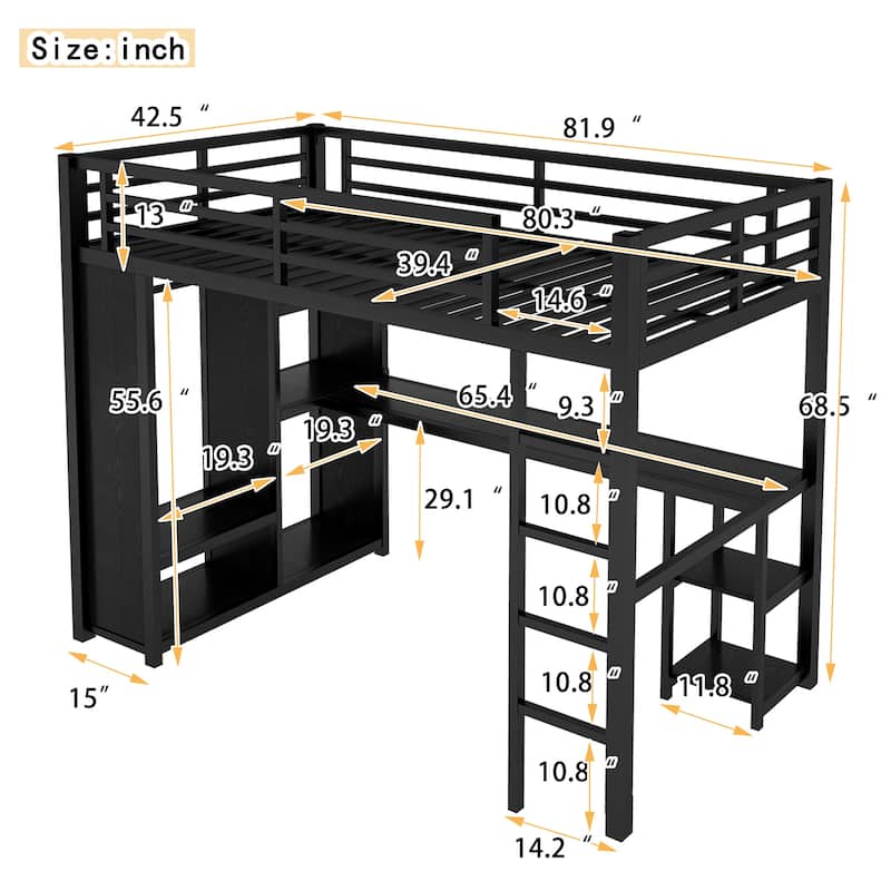 Loft Bed with Built-in Wardrobe, Desk, and Storage Shelves, Space-Saving Design