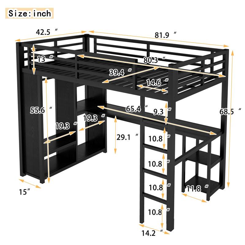 Roomfitters Twin/Full Metal Loft Bed Frame with Built-in Wardrobe, Desk & Storage Shelves, Space-Saving Design, Black