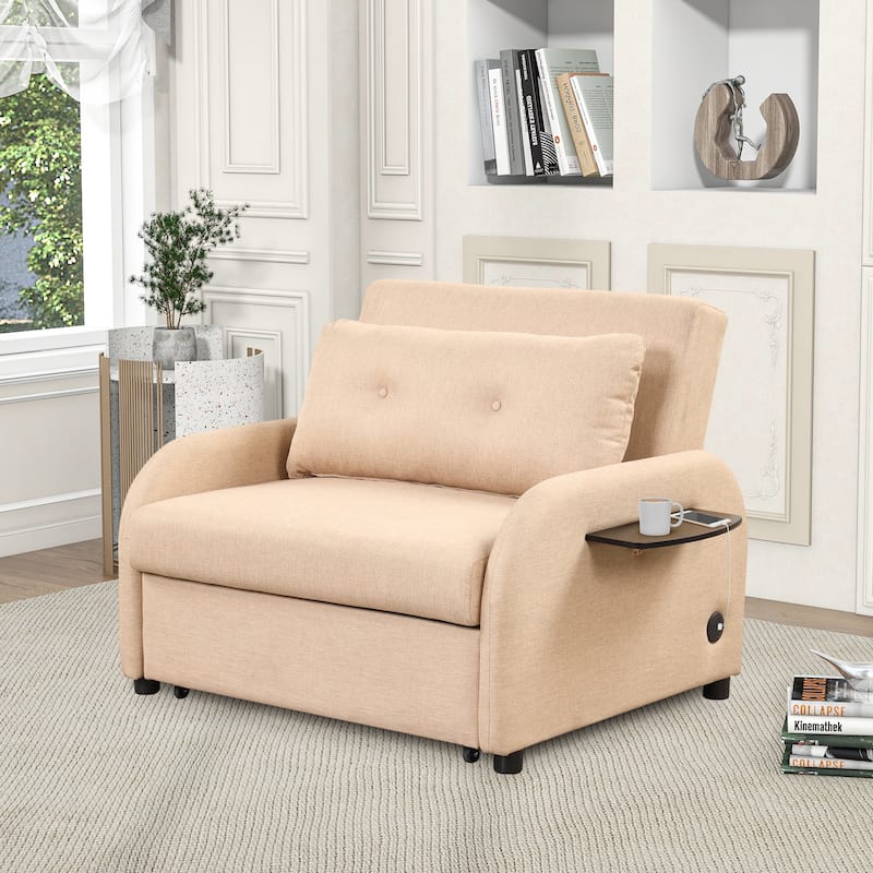Roomfitters 3-in-1 Pull-Out Sofa Sleeper with 2-Wing Table USB Charging Port for Living Room Recreation Room
