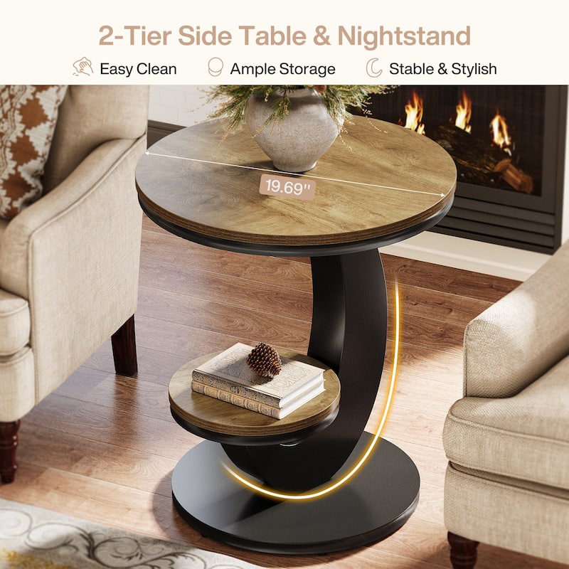 Round End Table, 2 Tiers Side Table with Storage Shelf