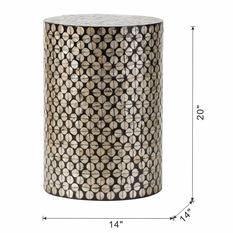 Modern Drum Stool - Black/Gold Capiz Shell Design, End Table, Side Table - D14x20"