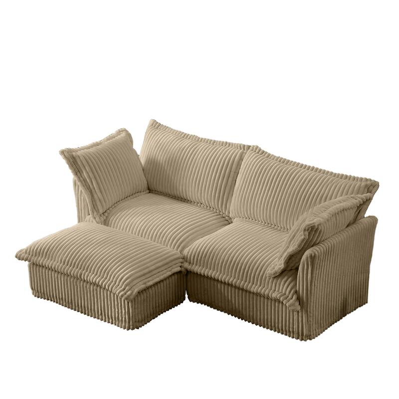 Corduroy Slipcovered 2-Seater Sectional Sofa with Convertible Ottoman, Wide and Deep Seat,and Soft Multiple Big Pillows
