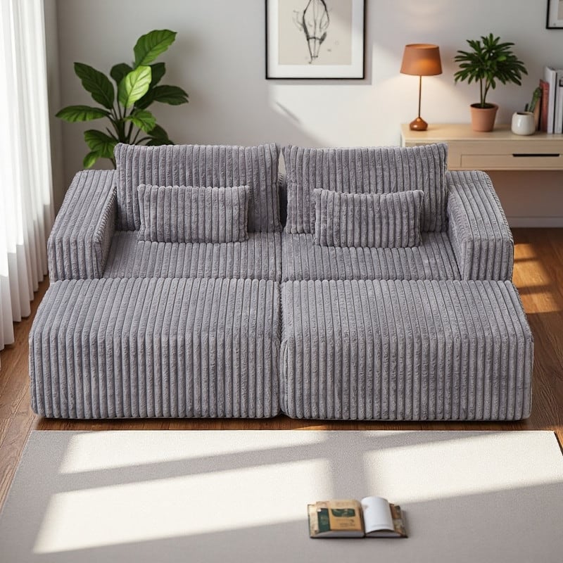 87" Corduroy Modular Lounge Chaise with 2 Removable Footstools, No Assembly Required