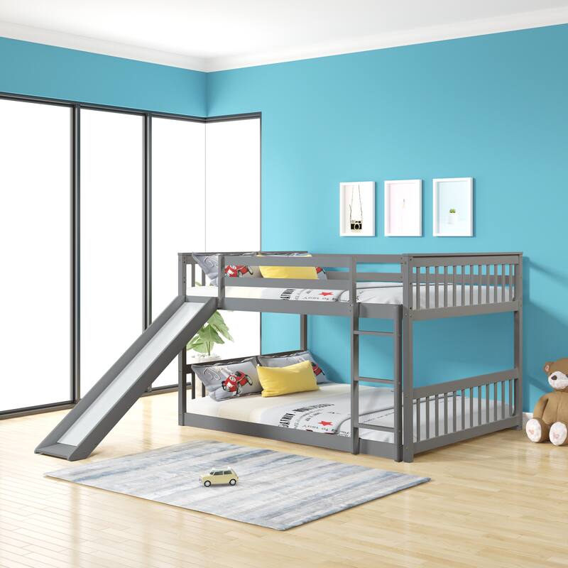 Full Over Full Bunk Bed with Slide, Wooden Bunkbeds Frame for Kids