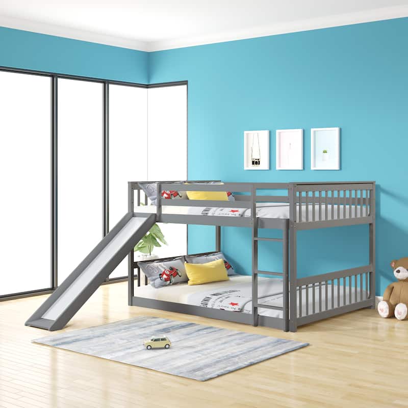 Full over Full Wood Bunk Bed with Slide and Ladder for Kids
