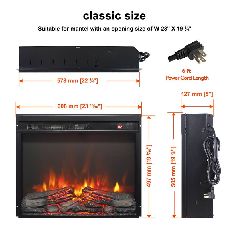 23 inch electric fireplace insert, ultra thin heater with log set & realistic flame, remote control with timer