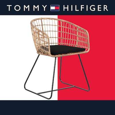 Tommy Hilfiger Graham Rattan Dining Chair, Woven Wicker Armchair with Seat Cushion, Durable Metal Legs, Black