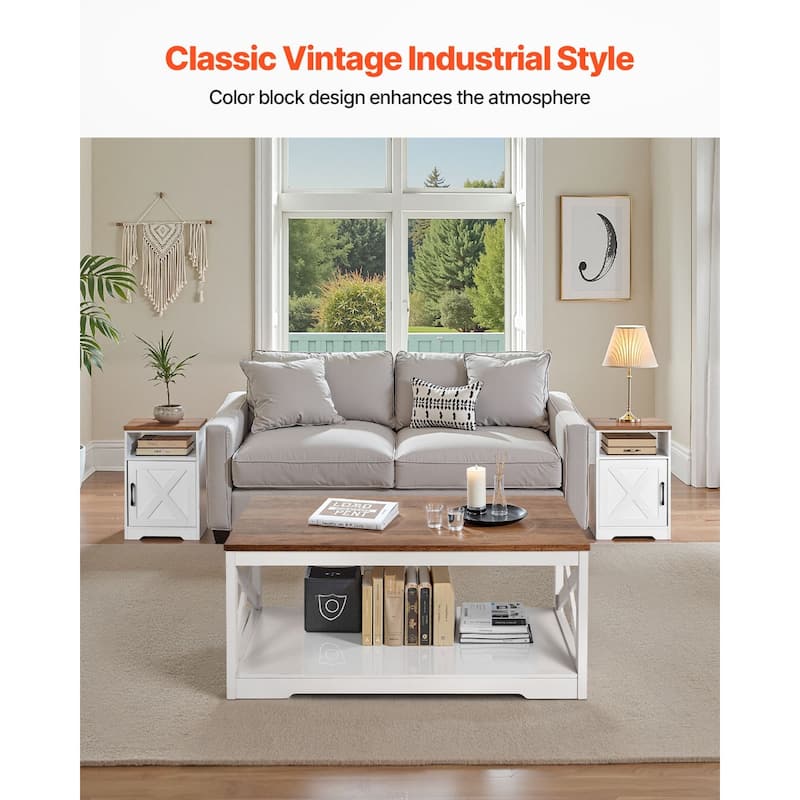 3-Piece White-Brown Wood Coffee Table Set with Power Outlets and Storage Space for Living Room - 40” x 21.7” x 18”