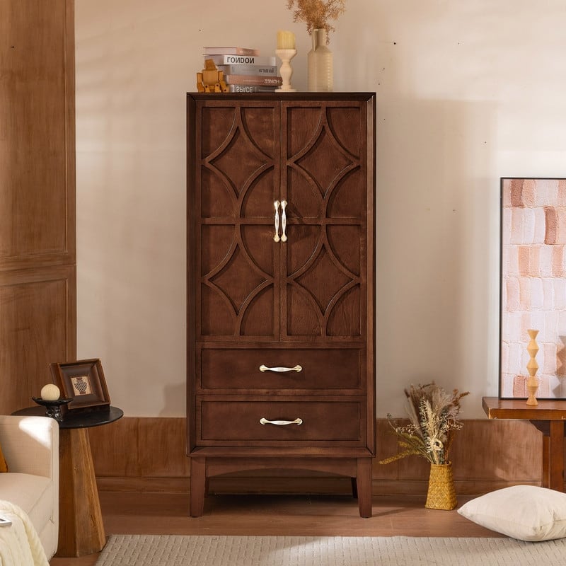 Mid Century Modern 53.5" Tall Kitchen Pantry Storage Cabinet with Doors and Drawers for Entryway Living Room Kitchen Garage