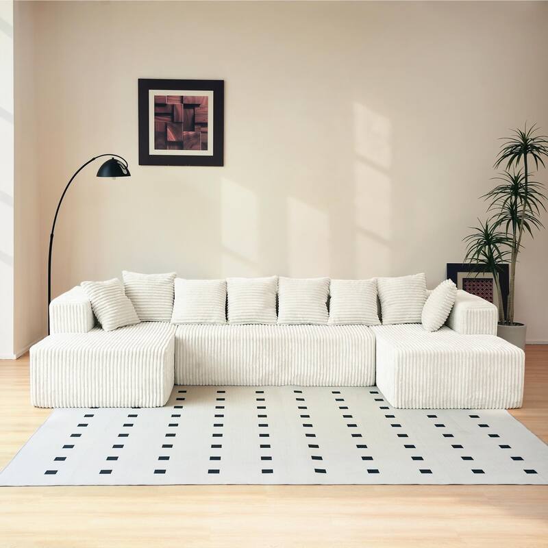 Freely Configurable Layout Modular Couch, U-shaped Sectional Sofa, Corduroy Full Compression Floor Standing Sofa with Pillows - Beige