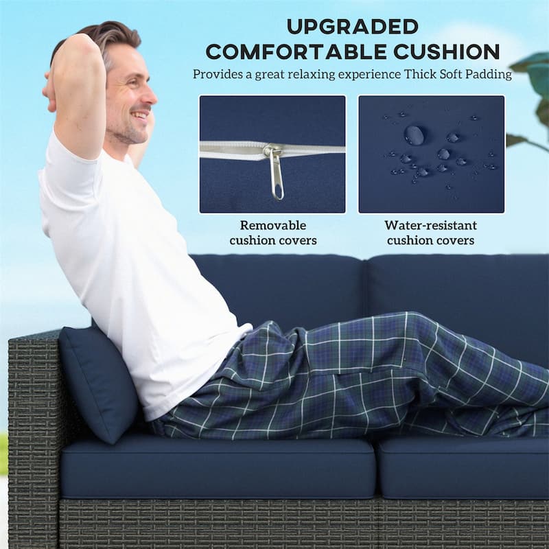 Navy Blue 3-Seat Outdoor Rattan Sofa with Cushions and Galvanized Steel Frame Perfect for Terrace - 78.7" W x 28.7" D x 28.3" H