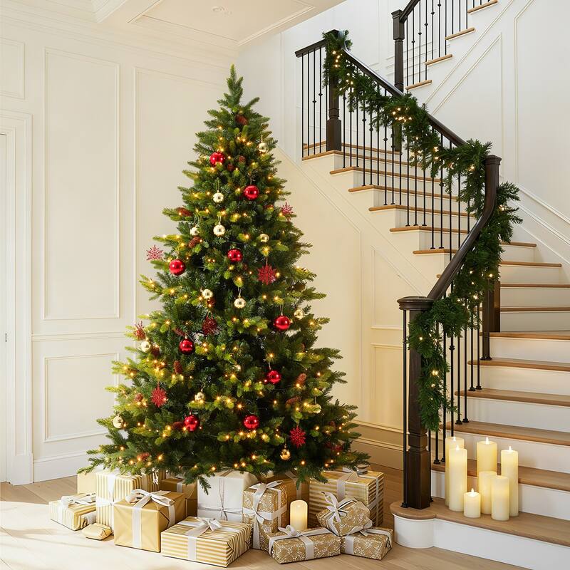 EROMMY 7.5ft Pre-lit Christmas Tree with 500 Lights, Snow Flocked Artificial Tree with Cones and Ornaments