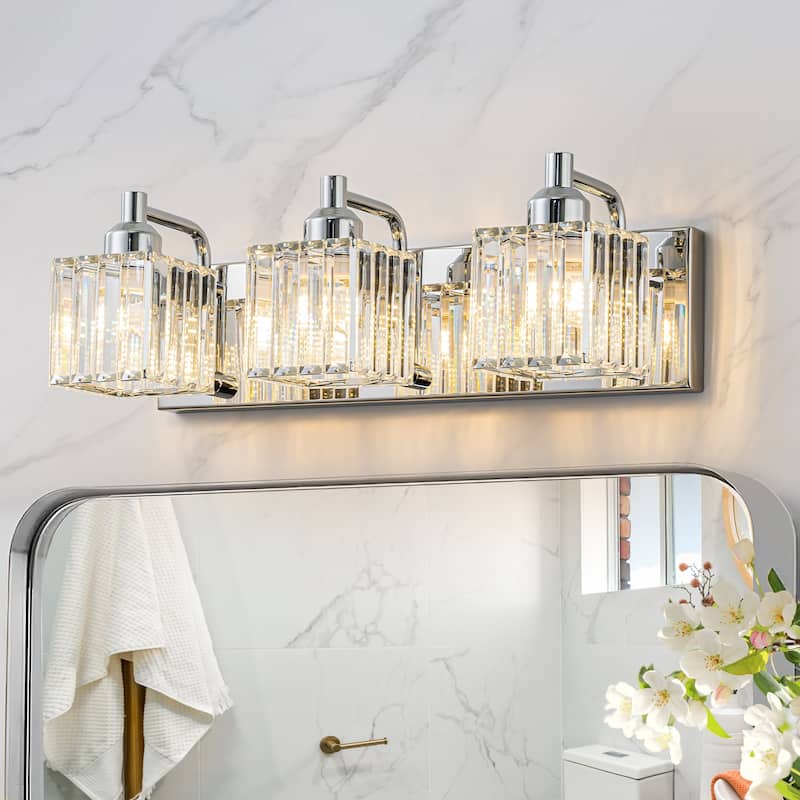 Dimmable Square Bathroom Crystal Vanity Light Wall Sconces - 3-Light - Chrome