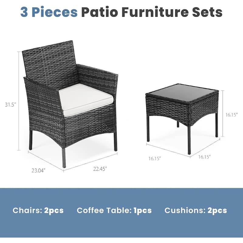 3 Pieces Patio Set Outdoor Wicker Furniture Sets Modern Rattan Chair Conversation Sets with Coffee Table for Yard and Bistro