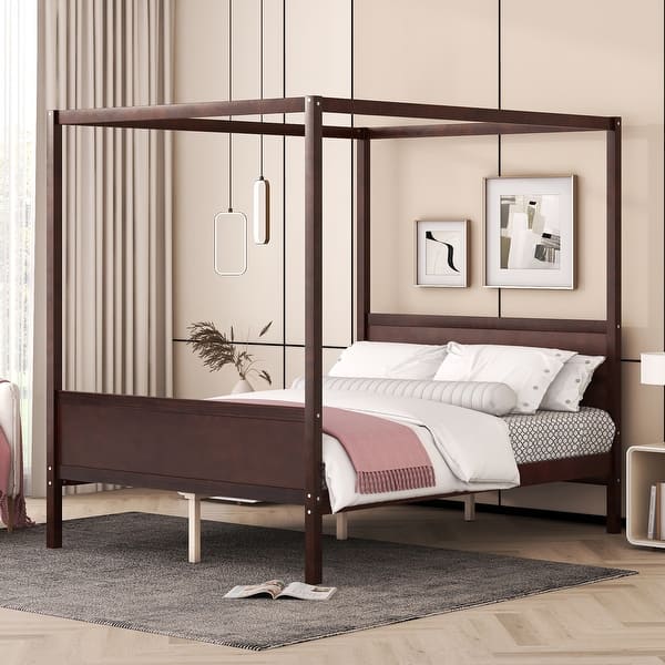 slide 2 of 9, Black Queen SizeSolid Wood Canopy Platform Bed with Headboard and Footboard, Slat Support Leg Espresso