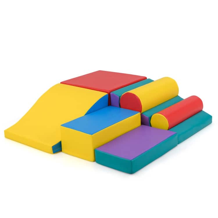 Red PU Leather EPE Foam 7-Piece Kids Climbing Blocks Set with Slide and Wave Shape - 19.5" x 17.5" x 10" (L x W x H)