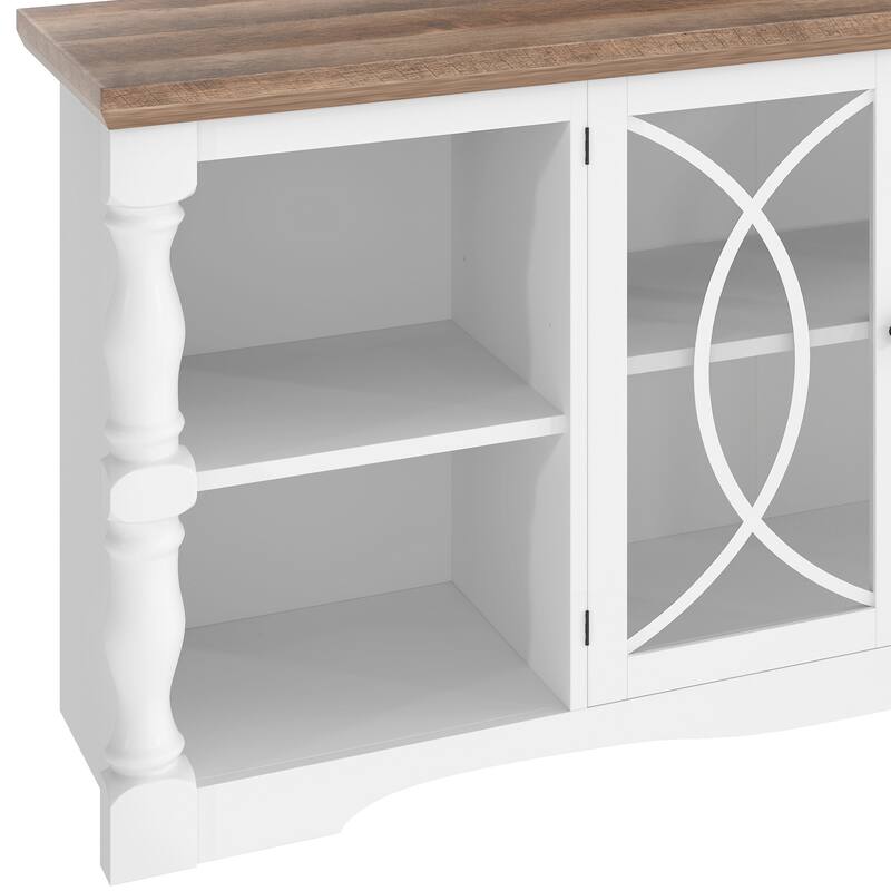 Moasis Farmhouse TV Stand with Mount for 32-70 Inch TVs, Entertainment Center with Power Outlets & Tempered Glass Doors