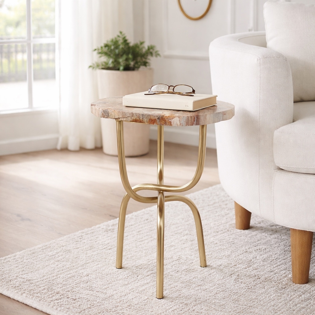 Stylish Petrified Wood Accent Table - 20", Brown & Gold - 19.5"