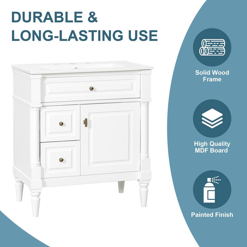 Roomfitters 30" Bathroom Vanity with Sink, Solid Wood Frame, Flip Drawer, 2 Drawers & Door Rack