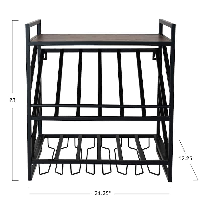 Metal and Mango Wood Wall Shelf with Bottle and Stemmed Glass Holders - 21.25"L x 12.25"W x 23.0"H