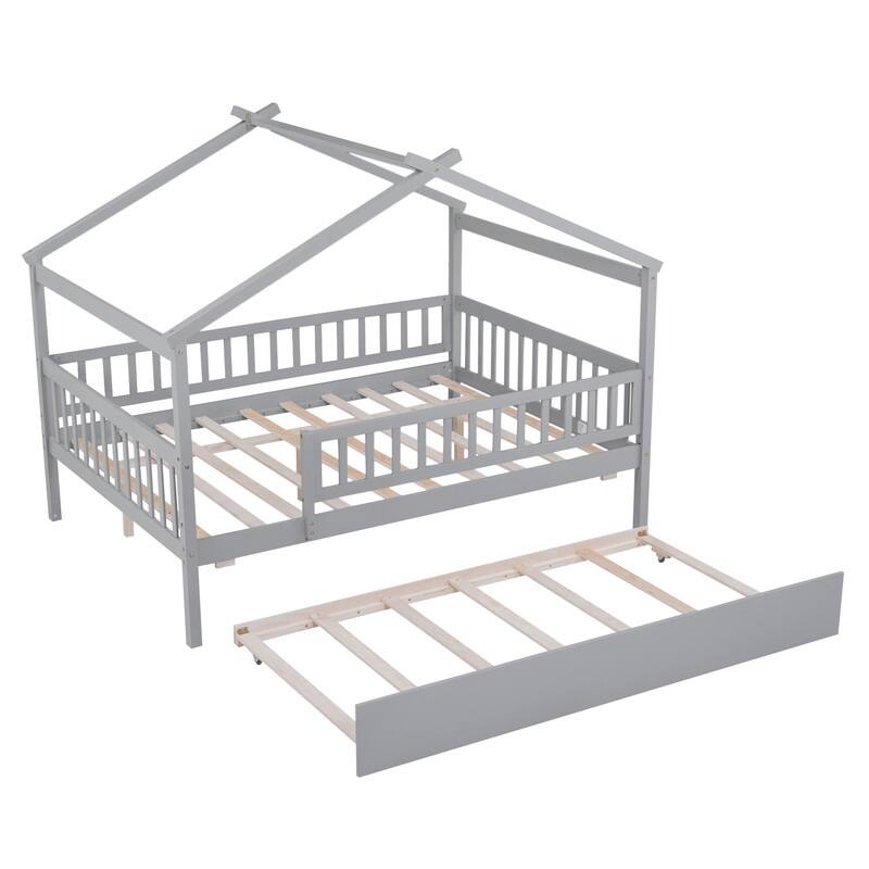 Full Size Wooden House Bed with Twin Size Trundle, Kid's Bed