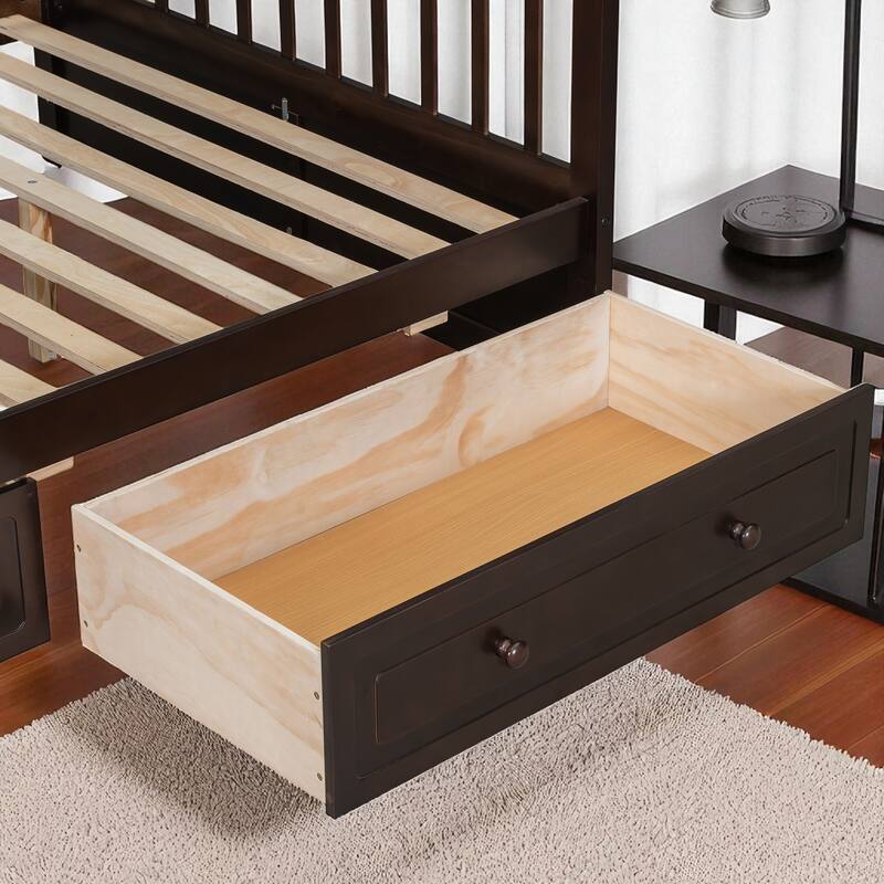 Twin over Full Bunk Bed with Drawers, Convertible to 2 Beds, Pine/MDF, Staircase & Guardrails, 79.7 x 57.5 x 61.2 in