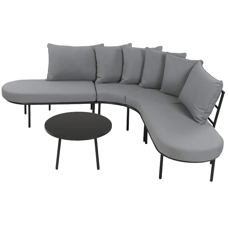 Curved Outdoor Furniture Sofa Set for 6, Outdoor Conversation Set with Coffee Table & Upholstered Seats, Backrest Cushions