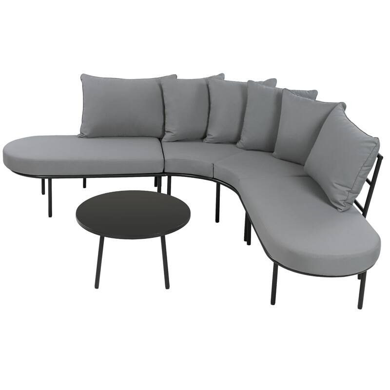 Outdoor Patio Iron Curved Sectional Sofa Set with Coffee Table and Cushions