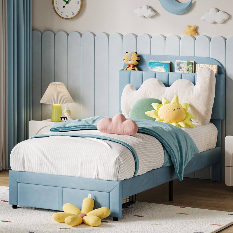 Twin Bed Frames for Kids, Velvet Upholstered Platform Bed Frames with Drawer and Bookcase Headboard, Girls Boys Bed - Blue