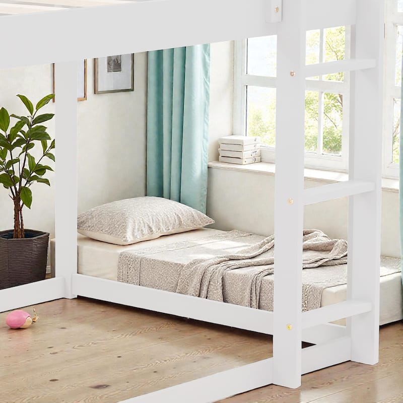 Twin over Twin Low Bunk Bed House Frame with Ladder, Kids Wooden Bunk Bed, Pine Wood and MDF, No Box Spring