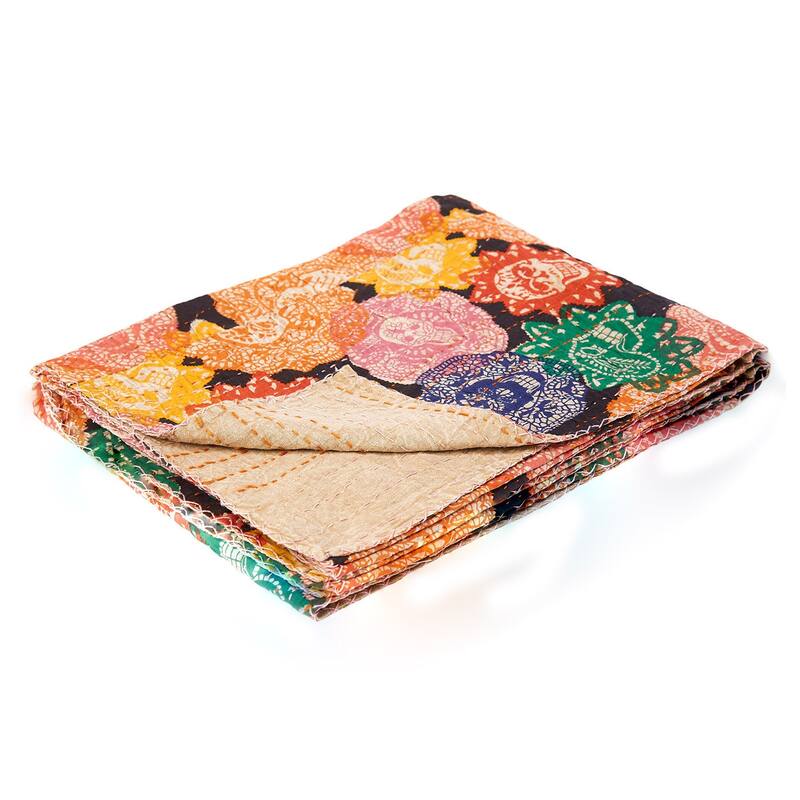 HomeRoots 50" X 70" Black Green Red and Pink Kantha Cotton Patchwork Throw Blanket with Embroidery