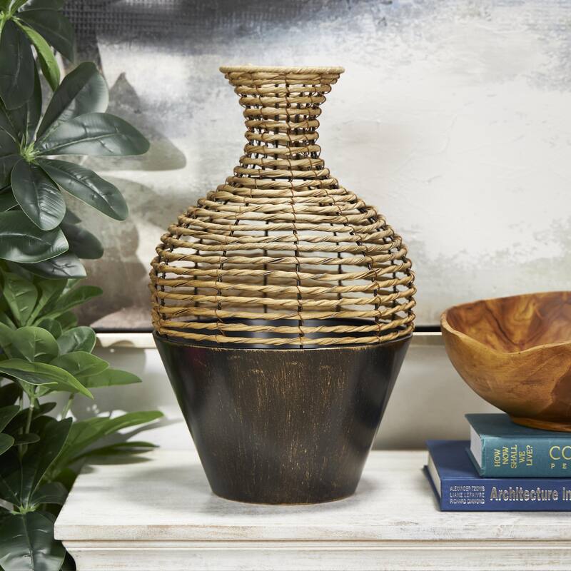 Plastic Rattan Handmade Twisted Decorative Vase with Open Frame Design and Bronze Metal Base - Bronze - Roche River Decor