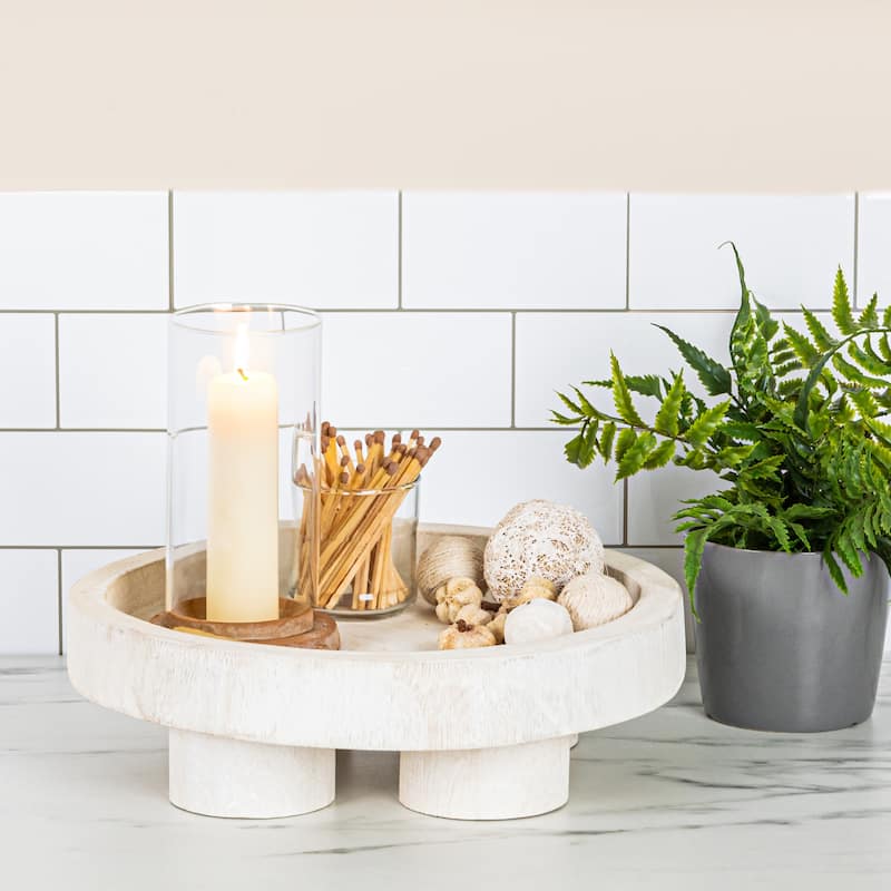 Paulownia Wood Pedestal Tray - 11.8"L x 11.8"W x 3.5"H