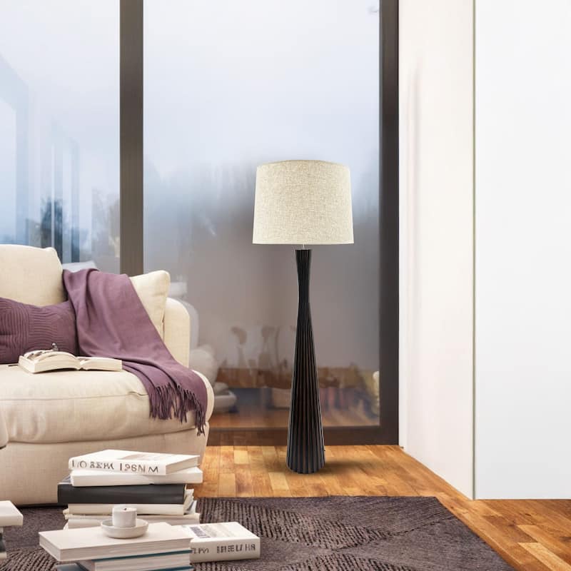 Black Fluted Resin Floor Lamp with Linen Shade Perfect for Living Room