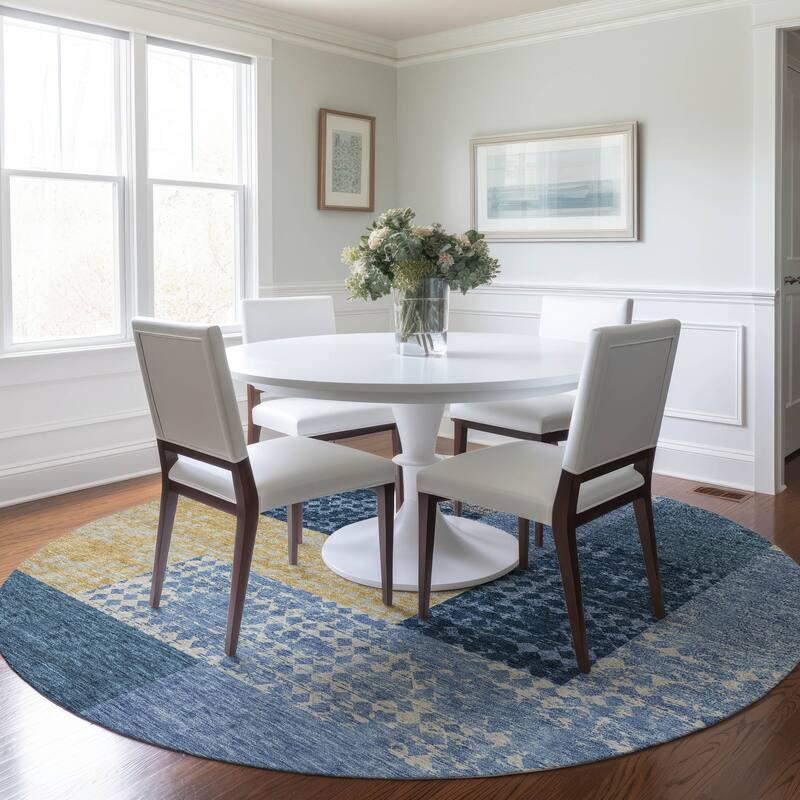Machine Washable Indoor/ Outdoor Modern Blocks Chantille Rug