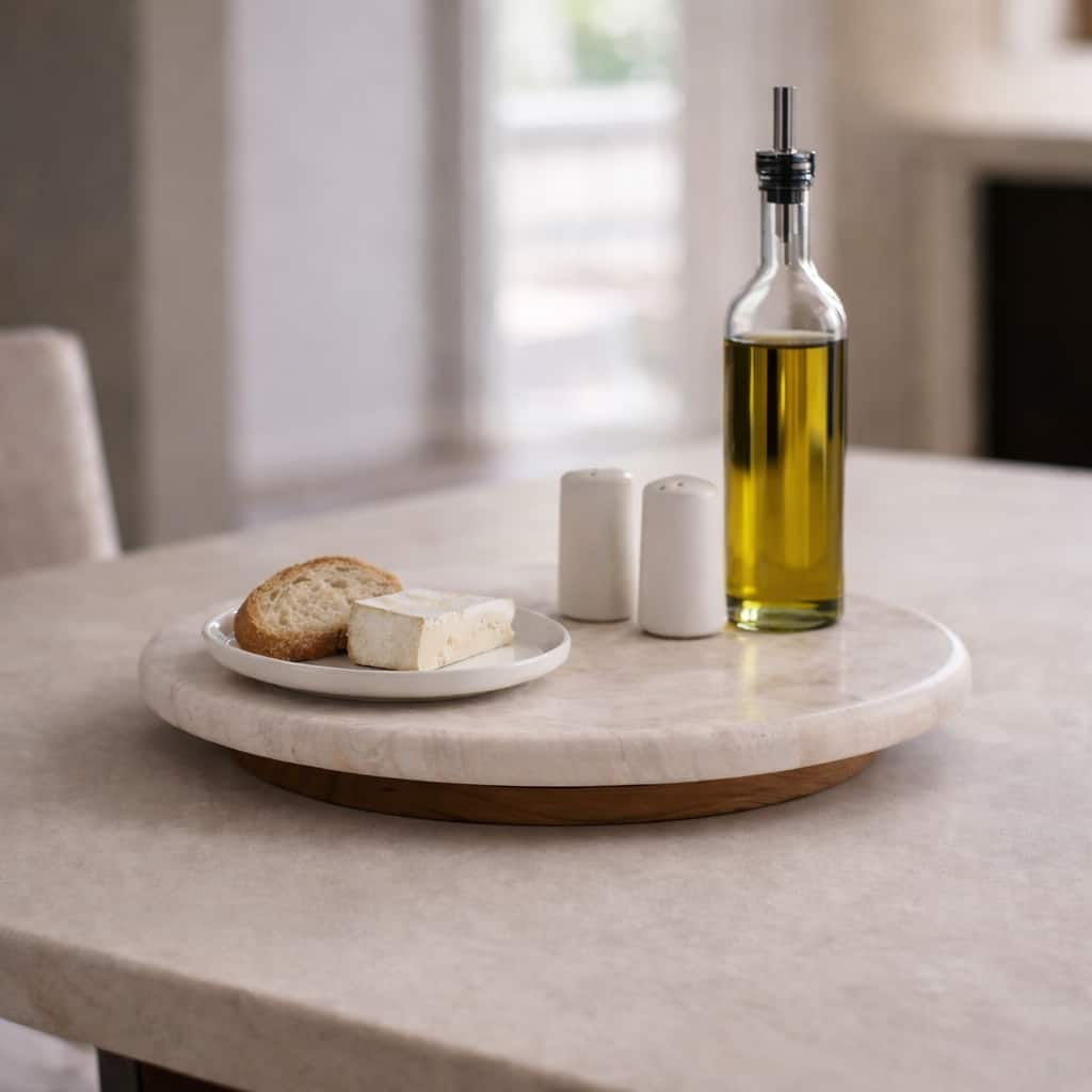 Decorative Tray - Ivory Wood Marble Round Lazy Susan - 16", Ivory - 16" x 16" x 2"