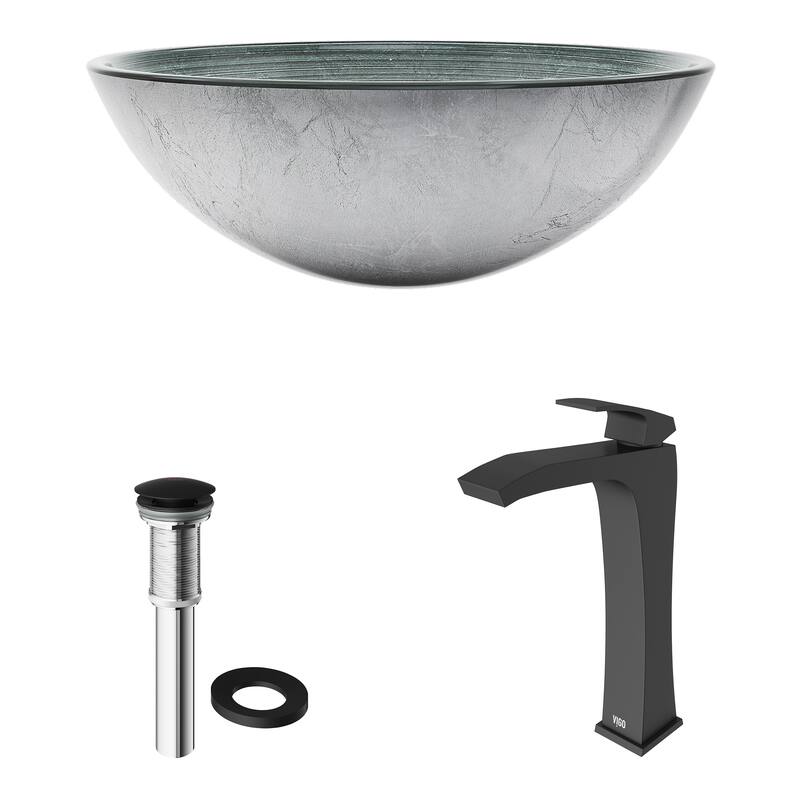 VIGO Giovanni 17"L x 17"W Glass Vessel Sink and Blackstonian 12"H Faucet Set