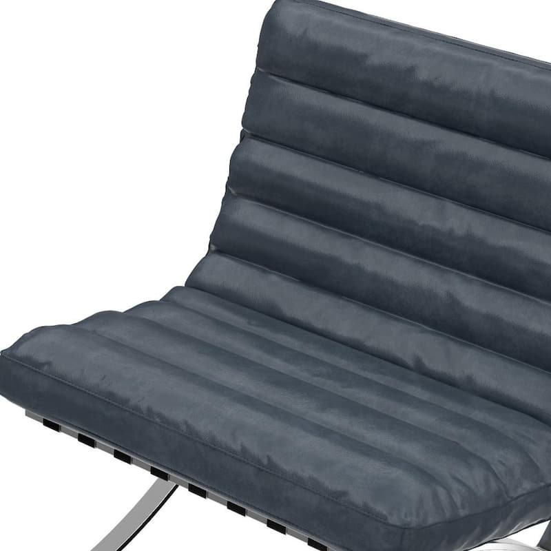 HomeRoots 29" Blue and Silver Tufted Leather and Upholstered Folding Lounge Chair - 29.30 in. x 28.00 in. x 29.30 in.
