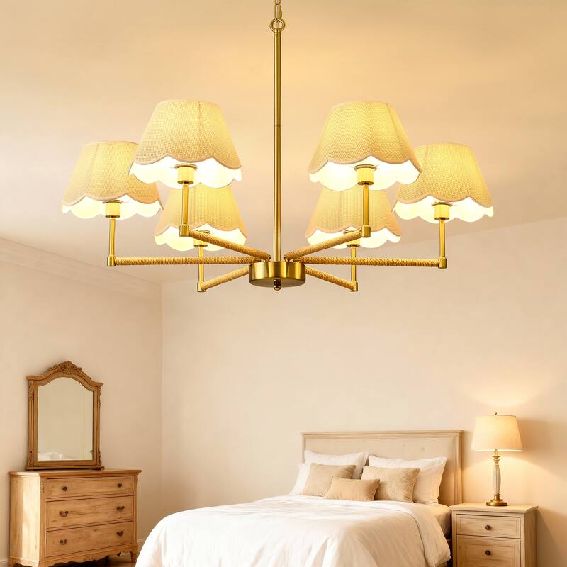 6-Light Rope + Fabric shade Chandelier,Gold Chandelier,Romantic Golden,Adjustable Pendant Lights Project Lighting - Gold