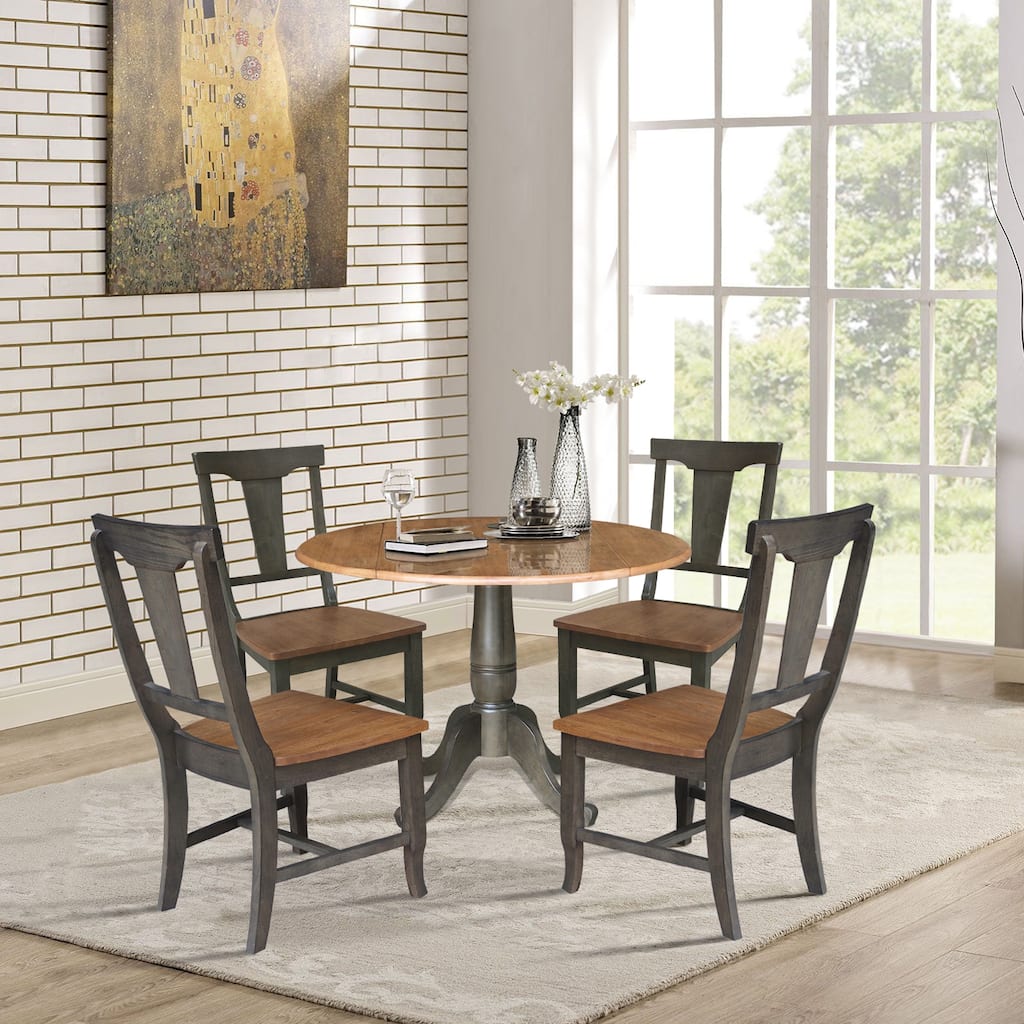 42 in. Dual Drop Dining Table with 4 Panel Back Chairs in Hickory/Washed Coal