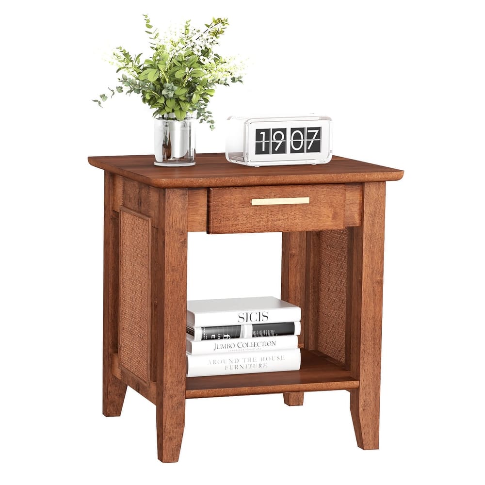 Gymax Boho Style Nightstand 3-Tier Sofa Side End Table w/ Drawer &