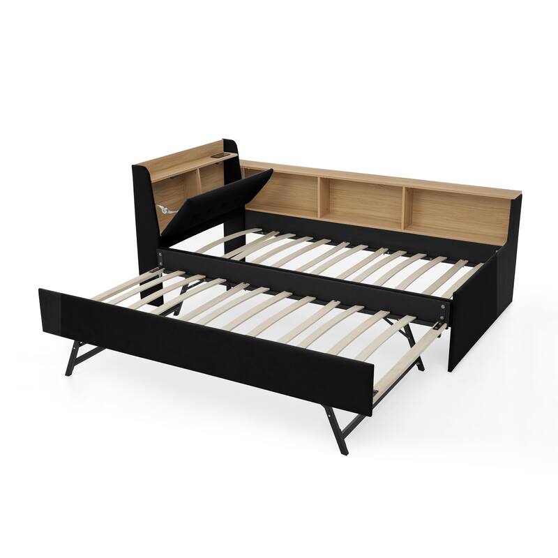 Twin Size Velvet Upholstered Daybed with Storage Headboard, LED and Wireless Charging - Optional Trundle Bed or Storage Drawers