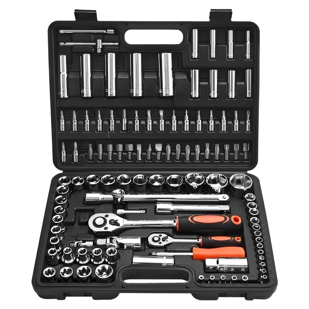 Black CR-V Alloy Steel 108-Piece Socket and Ratchet Set with Chrome Finish and High-Torque Design - 14.96 x 2.83 x 10.83