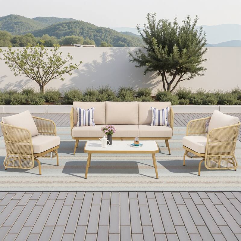 Pocassy Patio 3-Seat Sofa Glider Chair with Coffee Table - Yellow Wicker Beige Cushion - 4-Piece 3-Seat Sofa Glider Chair with Coffee Table