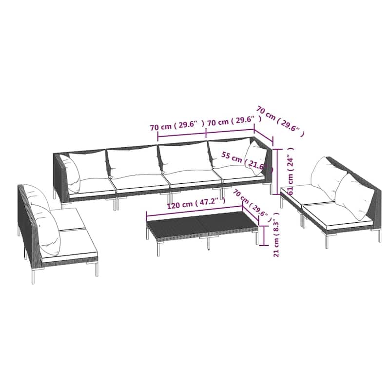 vidaXL Patio Lounge Set Outdoor Sectional Sofa Set Table Poly Rattan Dark Grey - 27.6" x 27.6" x 24"