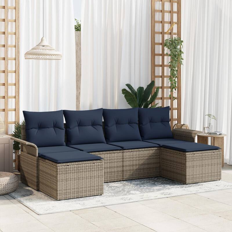 vidaXL 6 Garden Sofa Set with Cushions Black/Brown/Grey Poly Rattan - 98.8 x 46.1 x 27.2 - Grey
